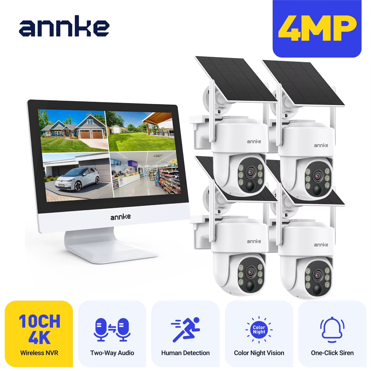 4MP Solar Security Cameras 10CH 12 in LCD 2.4G 5.8G PTZ Wifi Security Cameras PIR Color Night Vision Camera Security Wifi