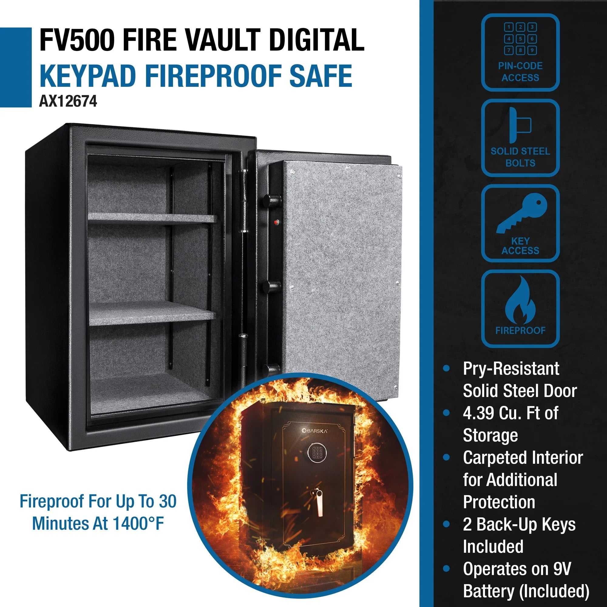Barska FV500 FireVault Fireproof Keypad Security Safe