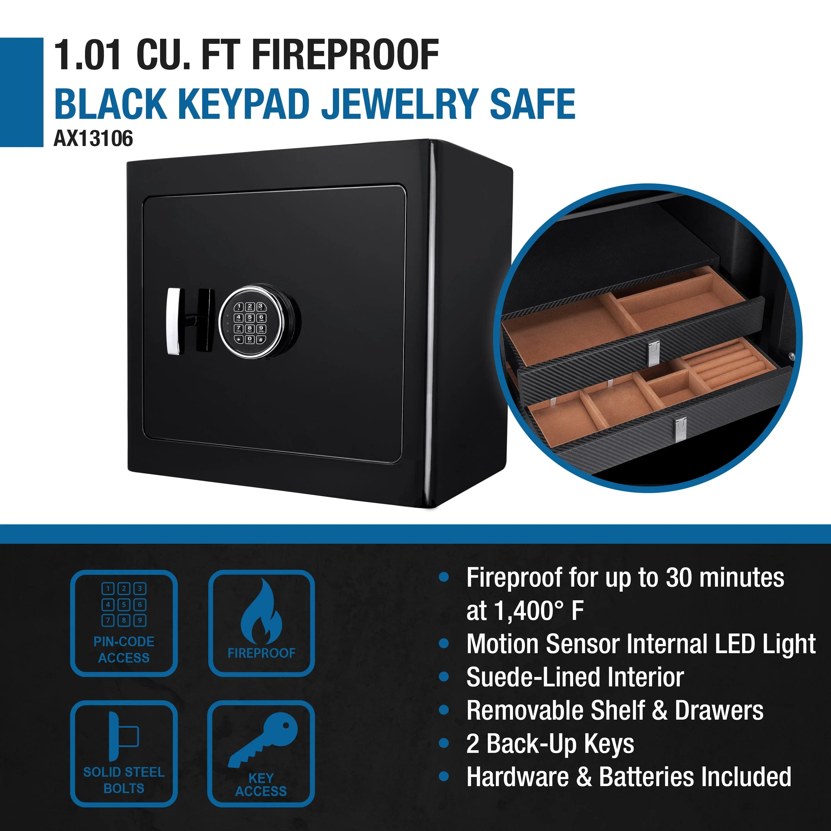 Barska 1.01 cu. ft. Keypad Fireproof Jewelry Safe - Black