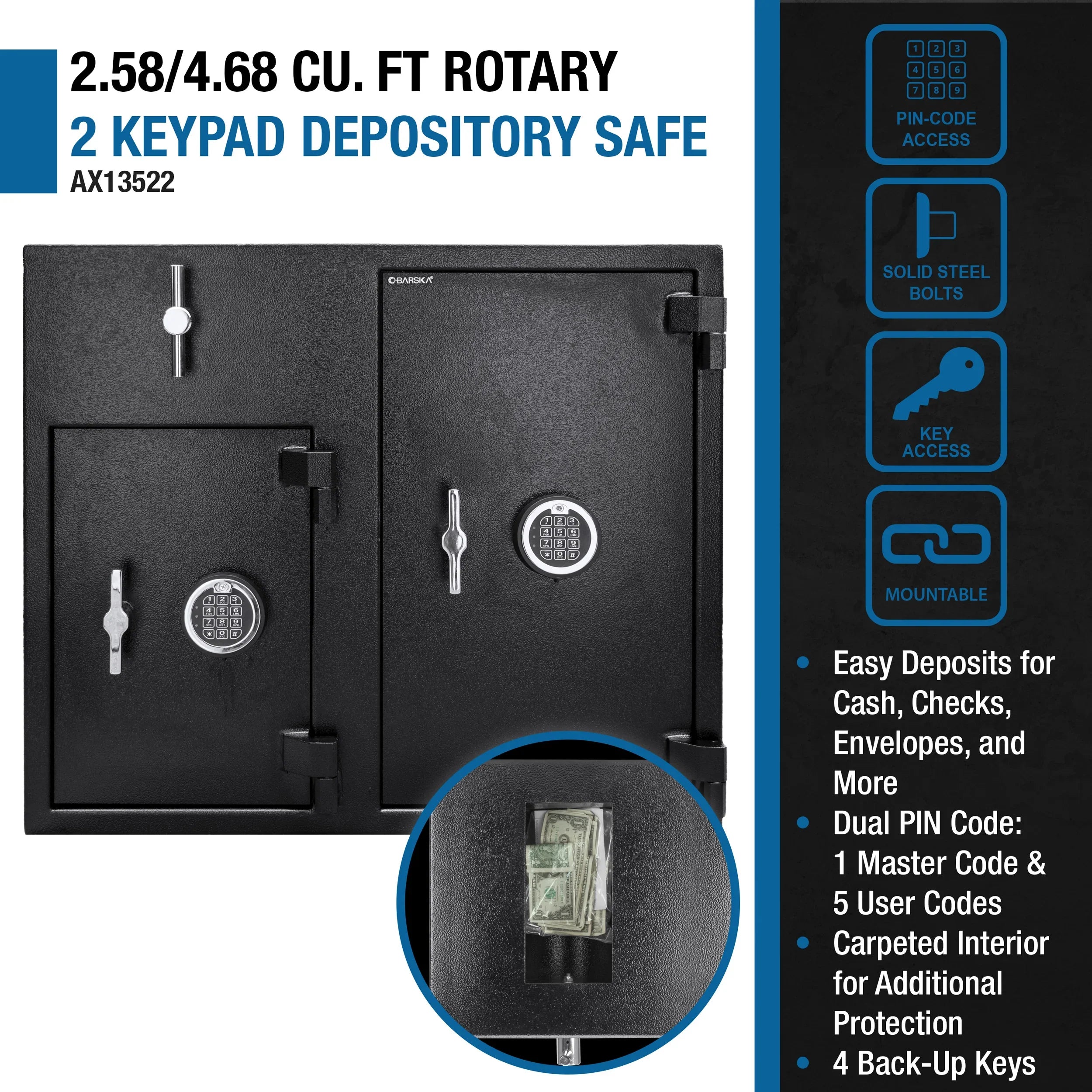 Barska 2.58 / 4.68 cu. ft. Dual Compartment Rotary Hopper Keypad Depository Safe